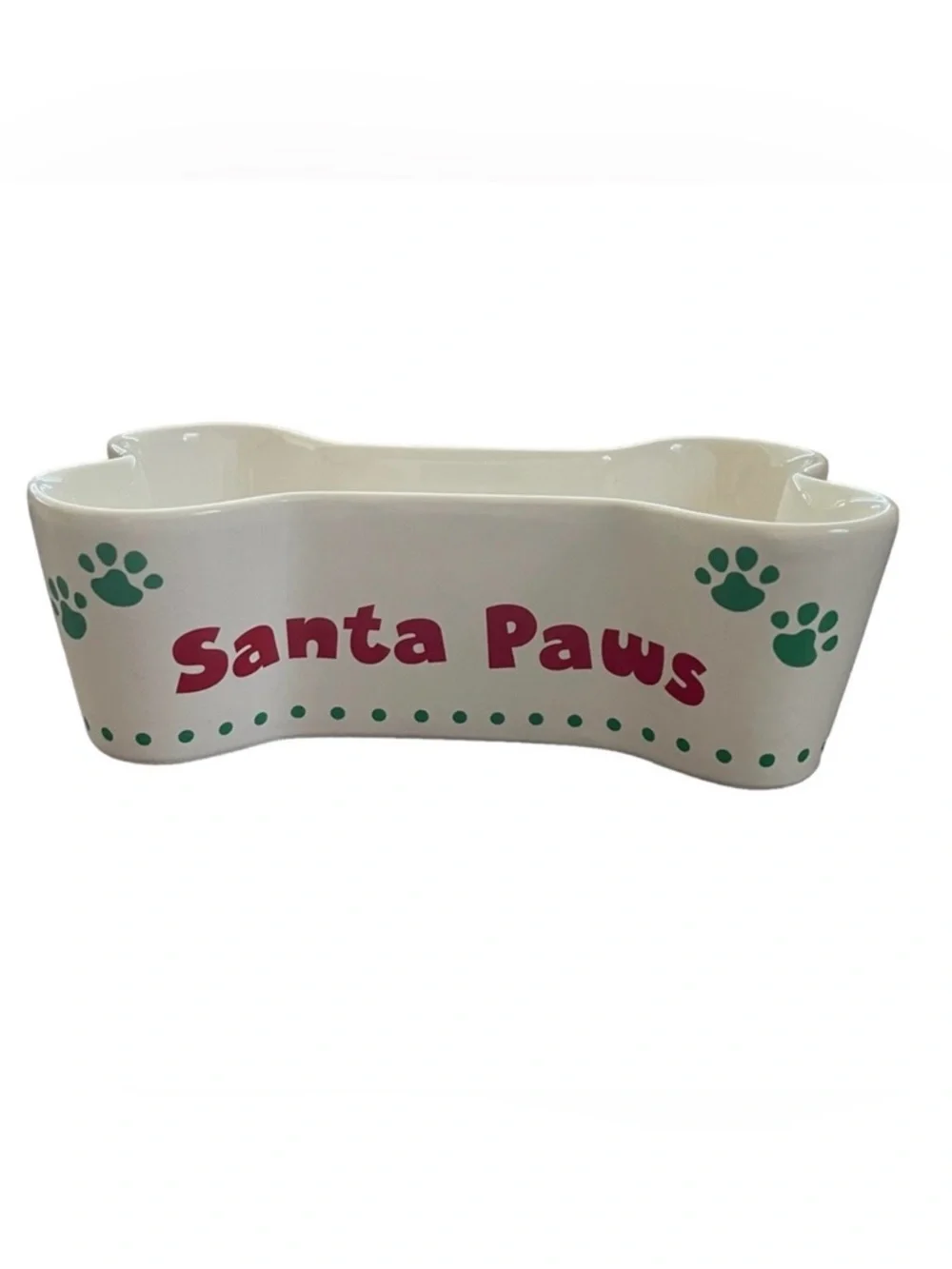 Santa Paws Ceramic Bone Pet Bowl - White with Red and Green